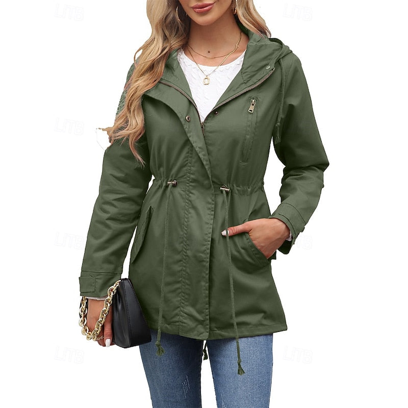 Hooded Utility Jacket Women's Army Green Drawstring Zip-Up – Casual, Office, Holiday