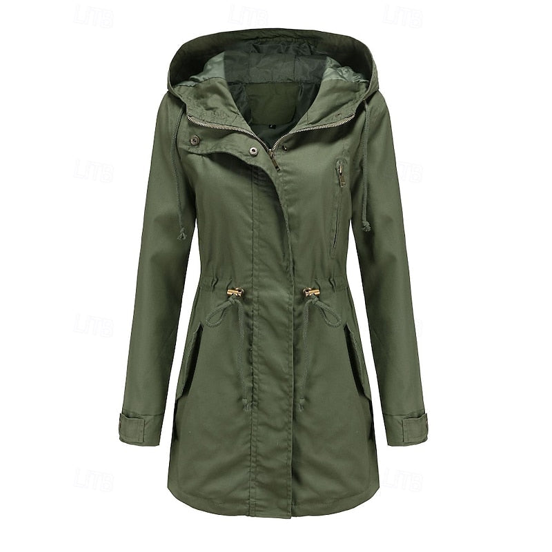 Hooded Utility Jacket Women's Army Green Drawstring Zip-Up – Casual, Office, Holiday