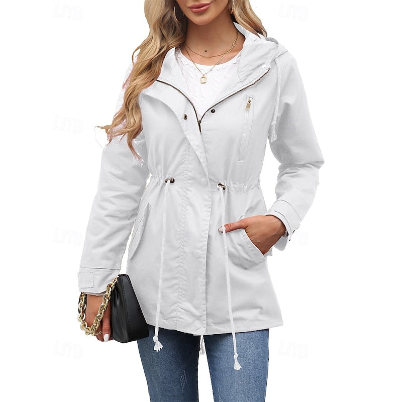 Hooded Utility Jacket Women's Army Green Drawstring Zip-Up – Casual, Office, Holiday