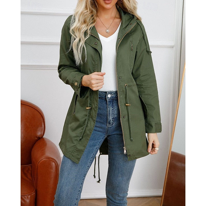 Hooded Utility Jacket Women's Army Green Drawstring Zip-Up – Casual, Office, Holiday