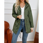 Hooded Utility Jacket Women's Army Green Drawstring Zip-Up – Casual, Office, Holiday