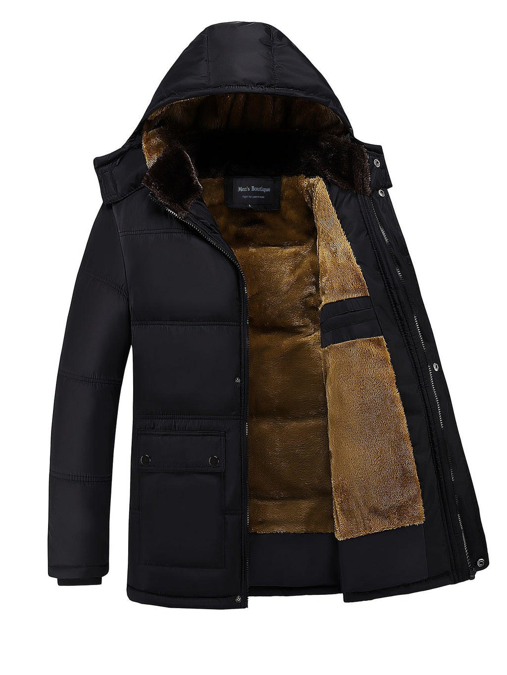 Hooded Winter Coat Men's Black Fleece-Lined Padded Parka – Casual, Warm Outdoor Jacket