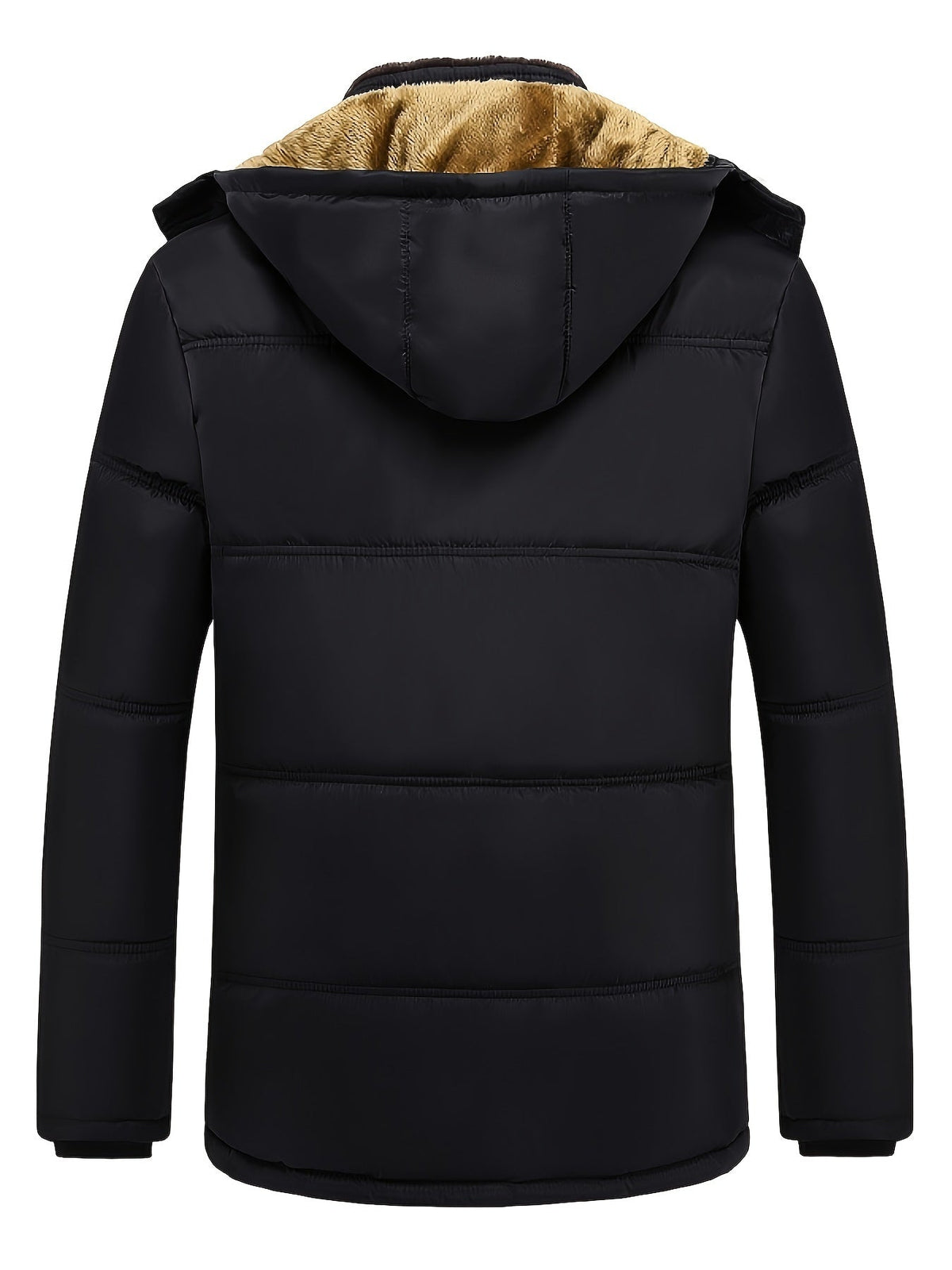 Hooded Winter Coat Men's Black Fleece-Lined Padded Parka – Casual, Warm Outdoor Jacket