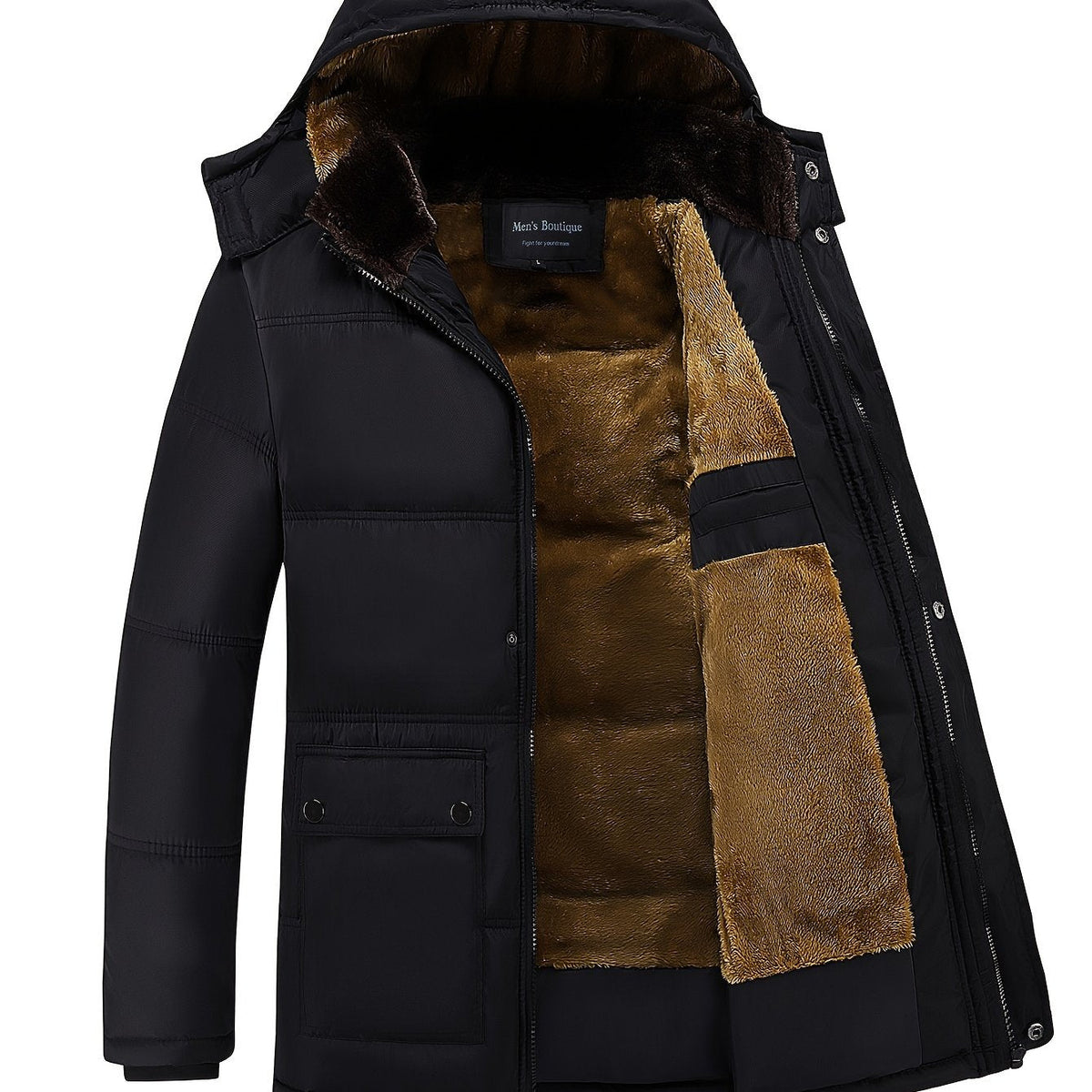 Hooded Winter Coat Men's Black Fleece-Lined Padded Parka – Casual, Warm Outdoor Jacket