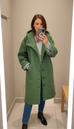 Hooded Wool-Blend Coat Green Women's Longline Button-Up – Casual, Office, Holiday, Gift