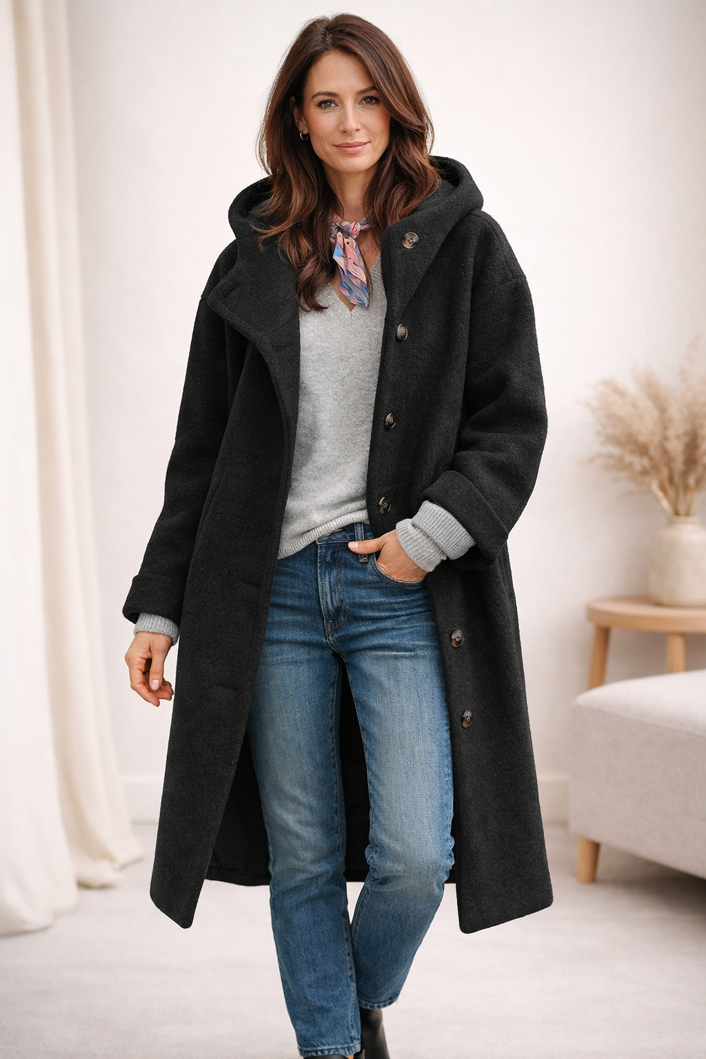Hooded Wool-Blend Coat Green Women's Longline Button-Up – Casual, Office, Holiday, Gift