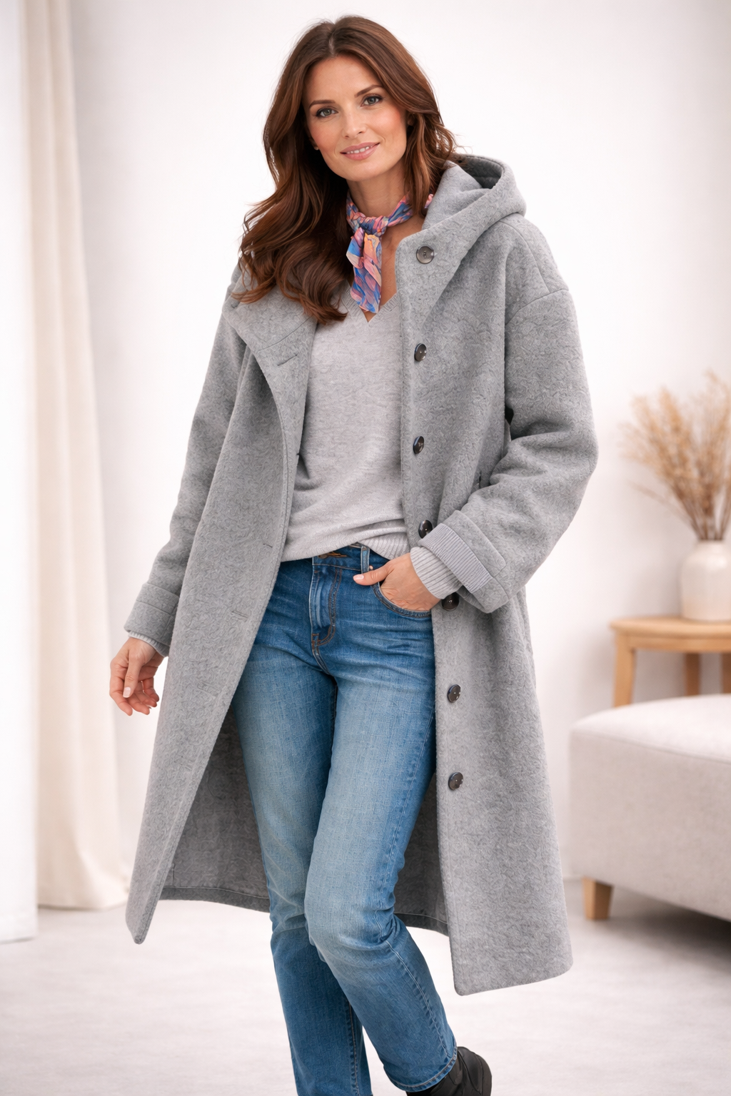 Hooded Wool-Blend Coat Green Women's Longline Button-Up – Casual, Office, Holiday, Gift