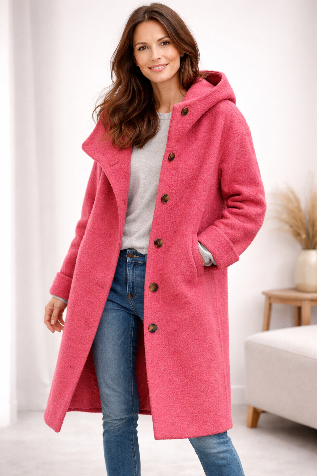 Hooded Wool-Blend Coat Green Women's Longline Button-Up – Casual, Office, Holiday, Gift