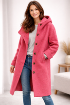 Hooded Wool-Blend Coat Green Women's Longline Button-Up – Casual, Office, Holiday, Gift
