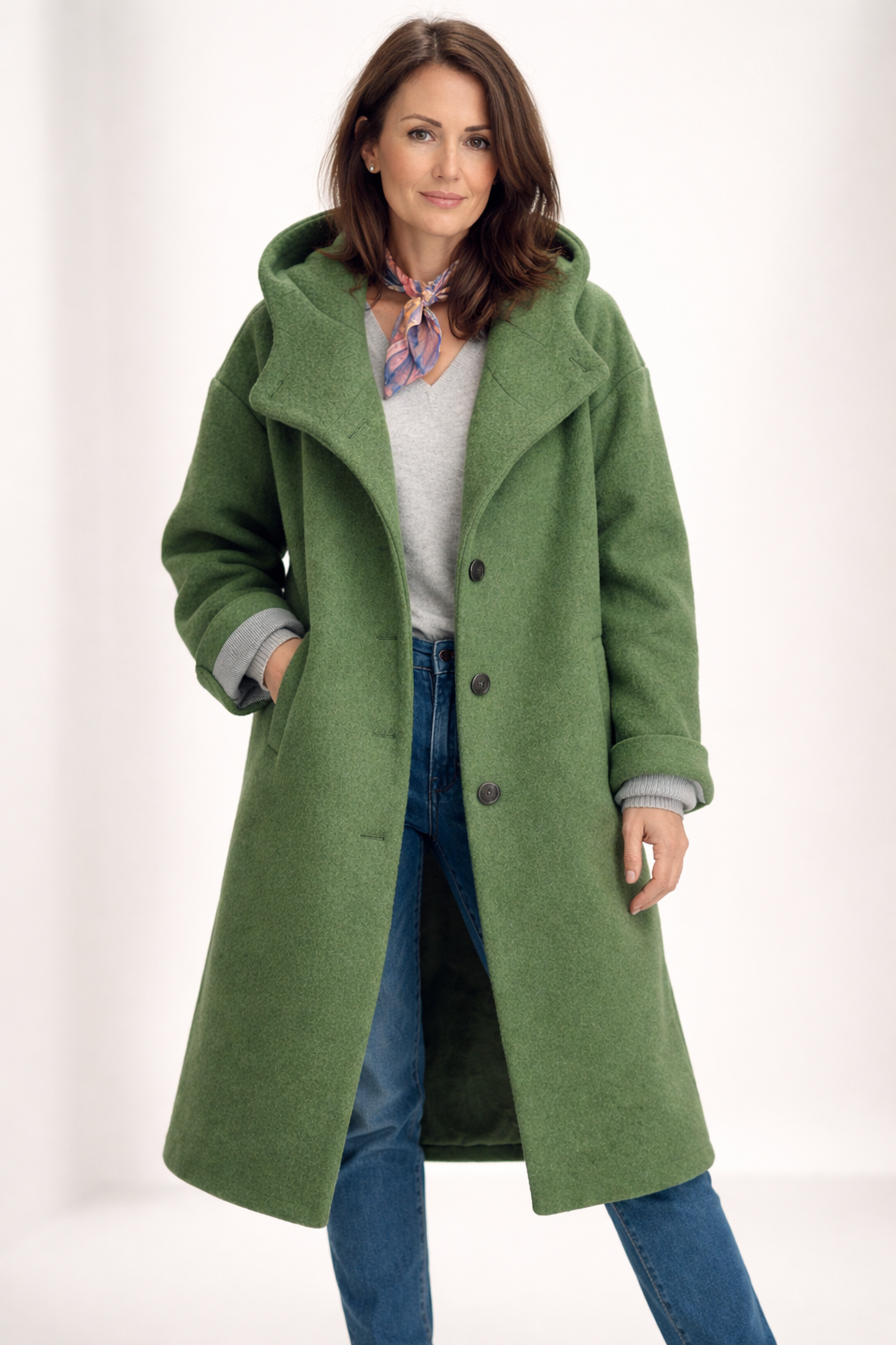 Hooded Wool-Blend Coat Green Women's Longline Button-Up – Casual, Office, Holiday, Gift
