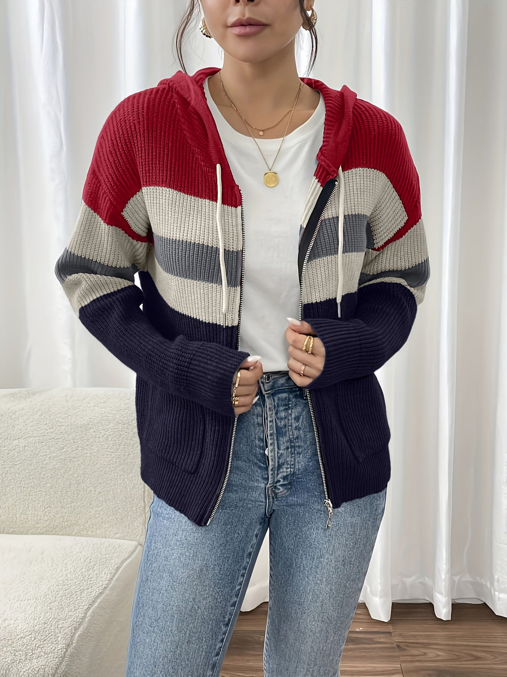 Hooded Zip Cardigan Colour-Block Ribbed Knit Women's Drawstring Sweater – Casual, Office, Holiday, Gift