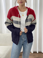 Hooded Zip Cardigan Colour-Block Ribbed Knit Women's Drawstring Sweater – Casual, Office, Holiday, Gift