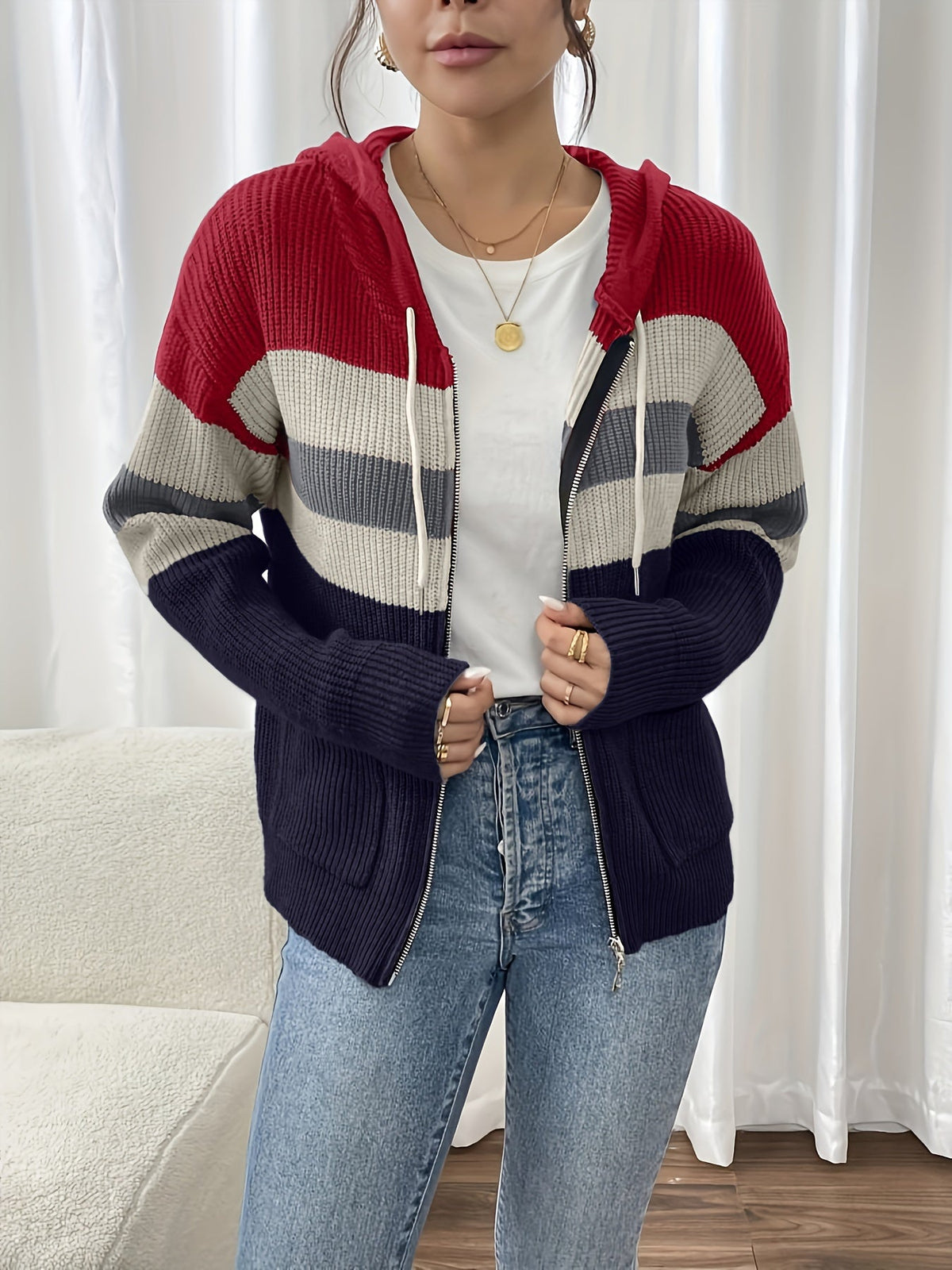 Hooded Zip Cardigan Colour-Block Ribbed Knit Women's Drawstring Sweater – Casual, Office, Holiday, Gift