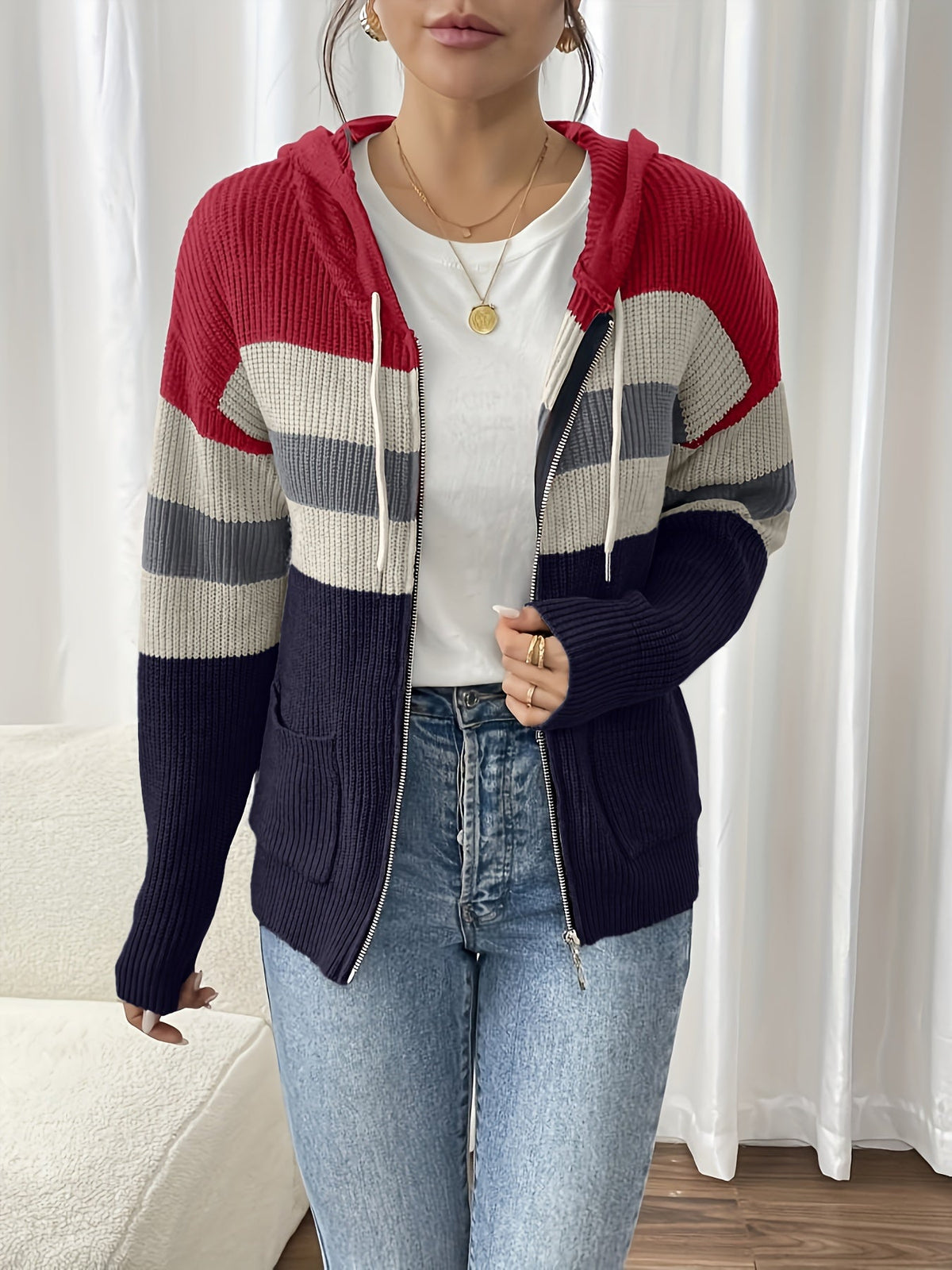 Hooded Zip Cardigan Colour-Block Ribbed Knit Women's Drawstring Sweater – Casual, Office, Holiday, Gift