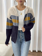 Hooded Zip Cardigan Colour-Block Ribbed Knit Women's Drawstring Sweater – Casual, Office, Holiday, Gift
