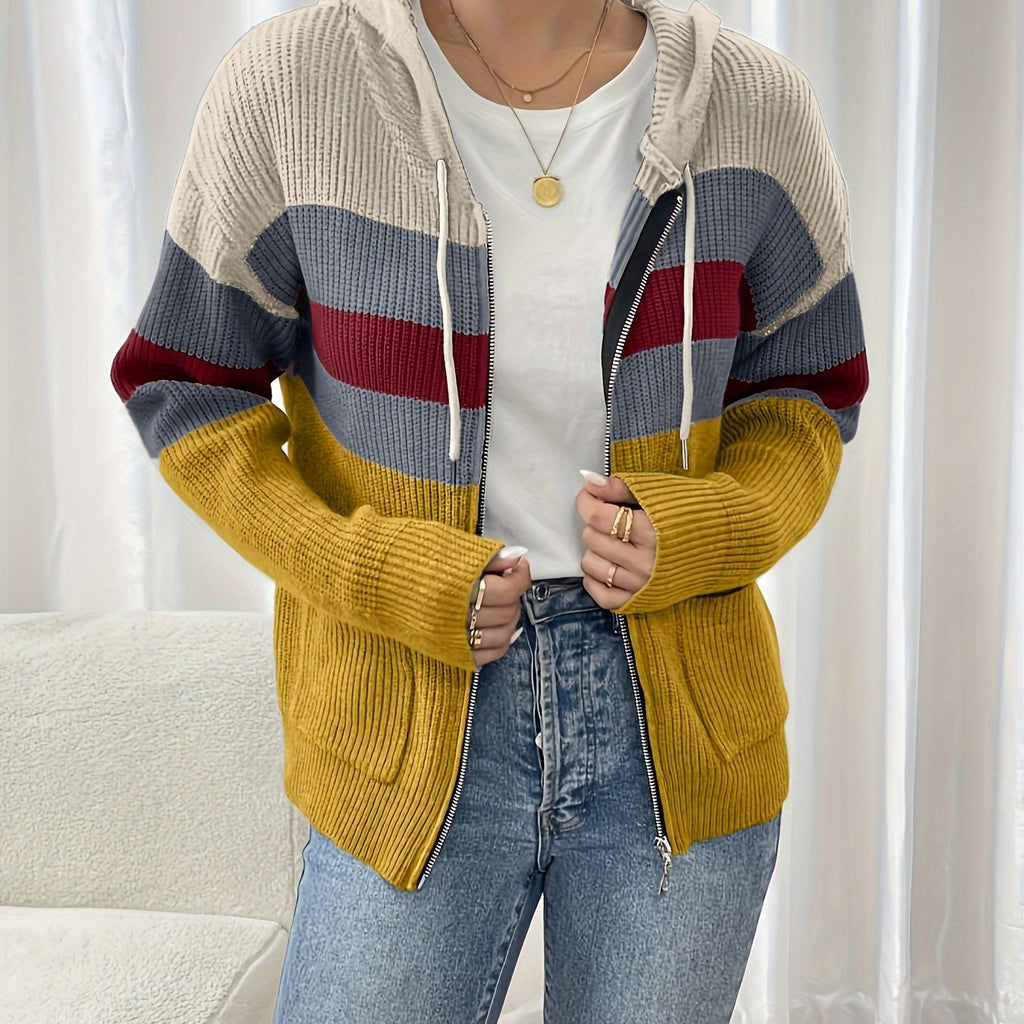 Hooded Zip Cardigan Colour-Block Ribbed Knit Women's Drawstring Sweater – Casual, Office, Holiday, Gift