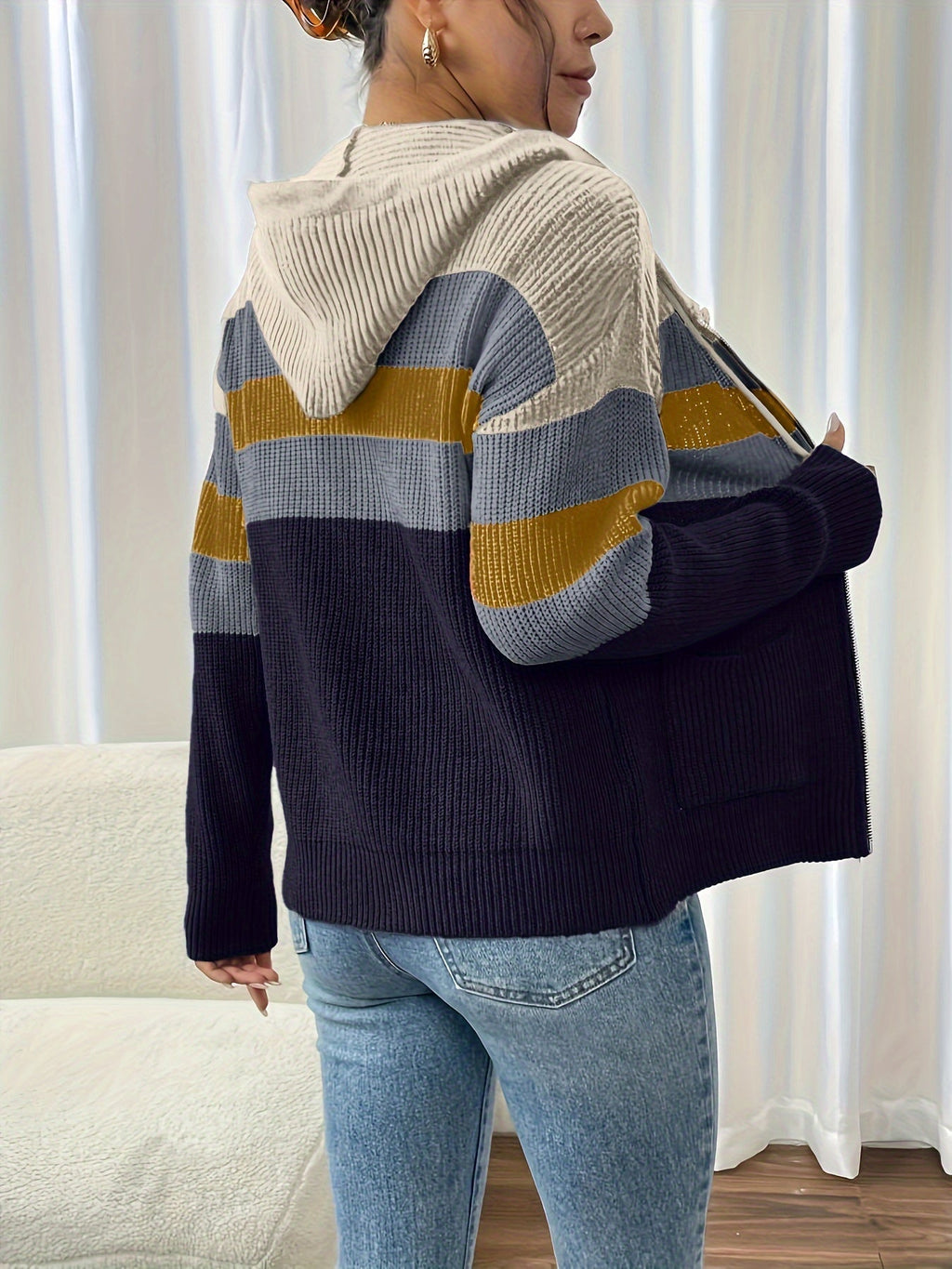 Hooded Zip Cardigan Colour-Block Ribbed Knit Women's Drawstring Sweater – Casual, Office, Holiday, Gift