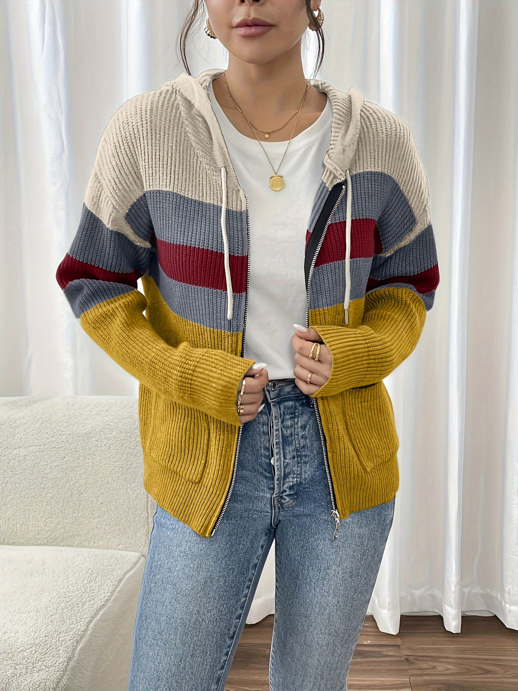 Hooded Zip Cardigan Colour-Block Ribbed Knit Women's Drawstring Sweater – Casual, Office, Holiday, Gift