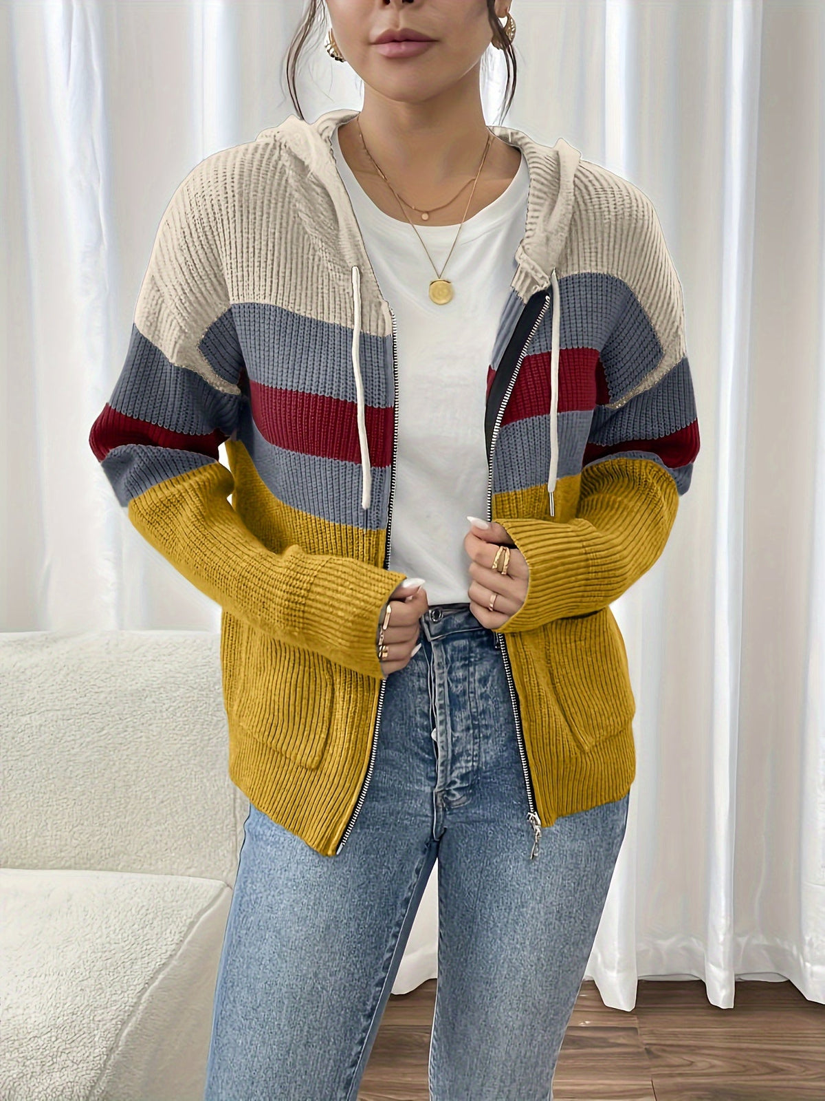 Hooded Zip Cardigan Colour-Block Ribbed Knit Women's Drawstring Sweater – Casual, Office, Holiday, Gift