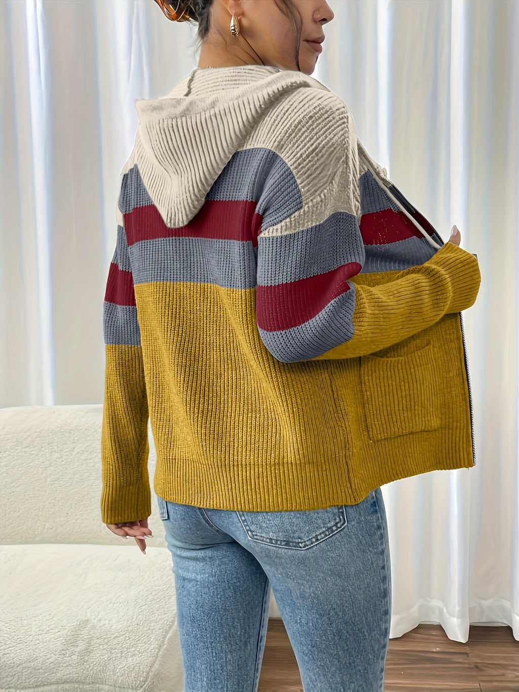 Hooded Zip Cardigan Colour-Block Ribbed Knit Women's Drawstring Sweater – Casual, Office, Holiday, Gift