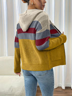 Hooded Zip Cardigan Colour-Block Ribbed Knit Women's Drawstring Sweater – Casual, Office, Holiday, Gift