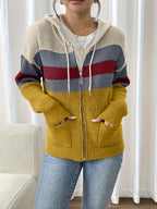 Hooded Zip Cardigan Colour-Block Ribbed Knit Women's Drawstring Sweater – Casual, Office, Holiday, Gift