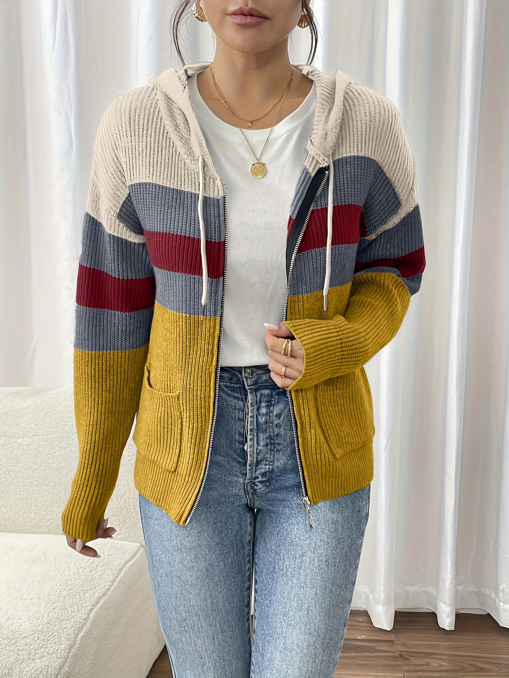 Hooded Zip Cardigan Colour-Block Ribbed Knit Women's Drawstring Sweater – Casual, Office, Holiday, Gift