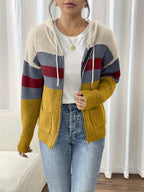 Hooded Zip Cardigan Colour-Block Ribbed Knit Women's Drawstring Sweater – Casual, Office, Holiday, Gift