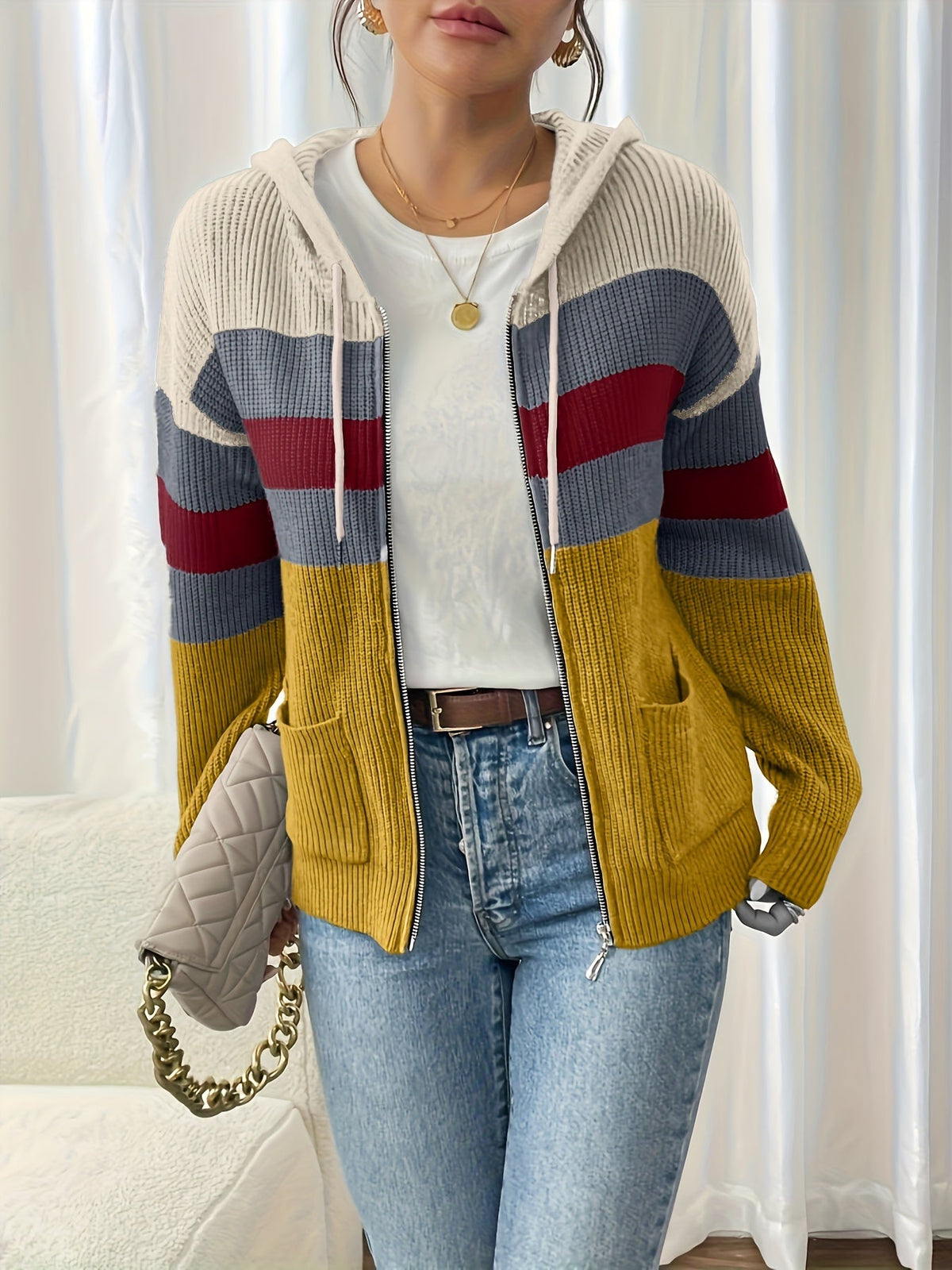 Hooded Zip Cardigan Colour-Block Ribbed Knit Women's Drawstring Sweater – Casual, Office, Holiday, Gift