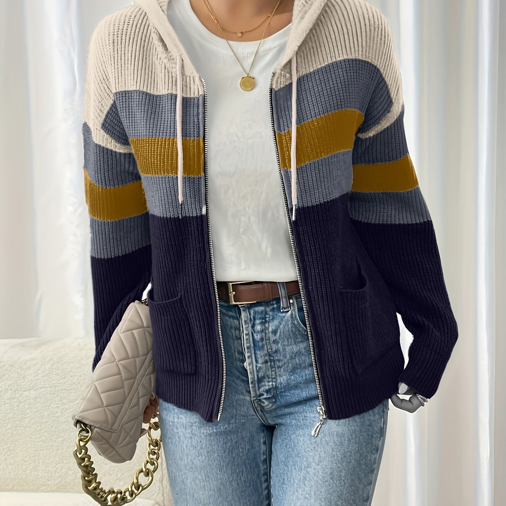 Hooded Zip Cardigan Colour-Block Ribbed Knit Women's Drawstring Sweater – Casual, Office, Holiday, Gift