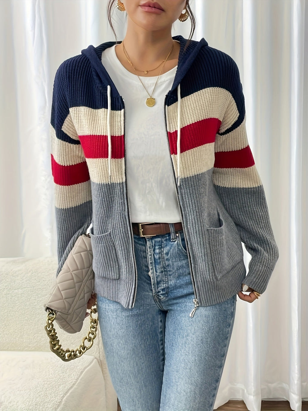 Hooded Zip Cardigan Colour-Block Ribbed Knit Women's Drawstring Sweater – Casual, Office, Holiday, Gift