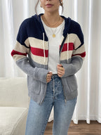 Hooded Zip Cardigan Colour-Block Ribbed Knit Women's Drawstring Sweater – Casual, Office, Holiday, Gift