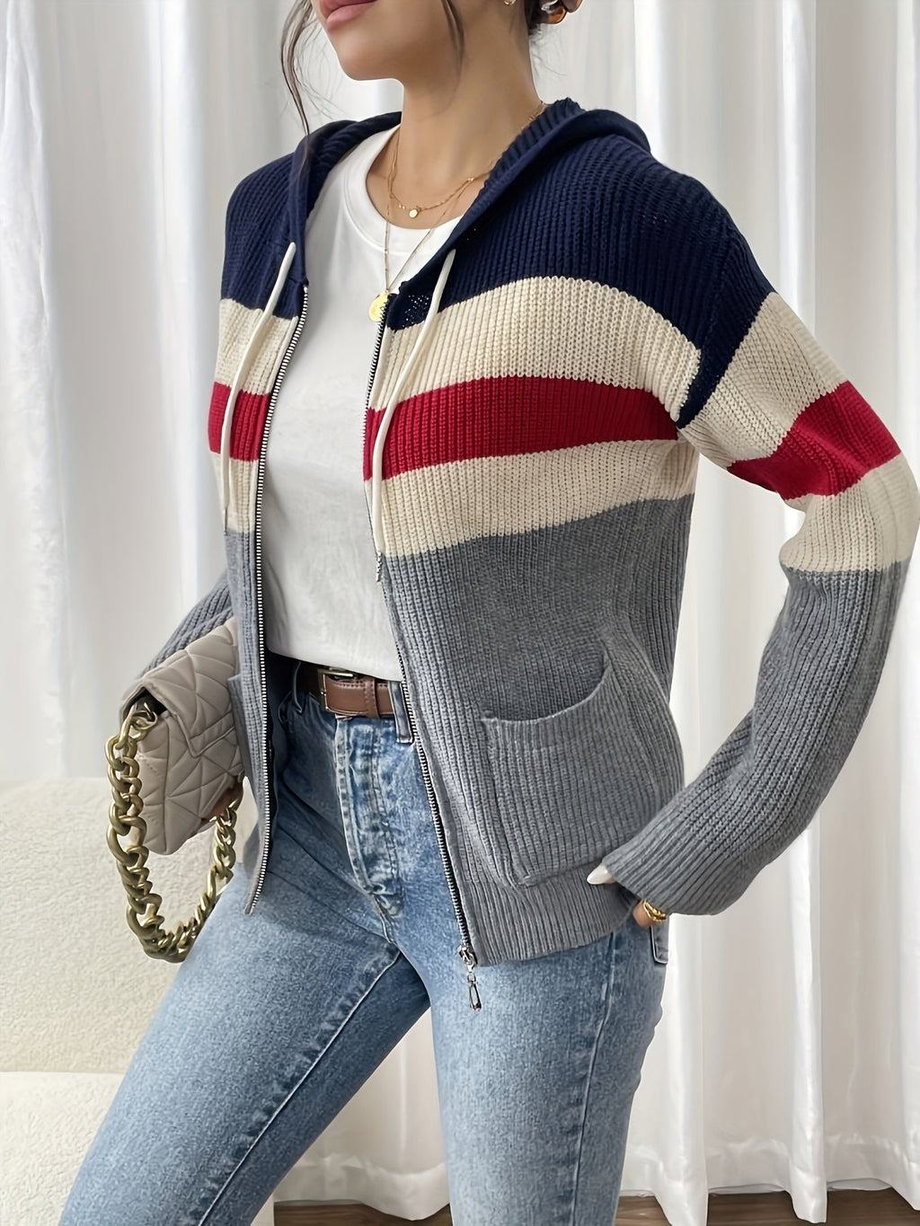 Hooded Zip Cardigan Colour-Block Ribbed Knit Women's Drawstring Sweater – Casual, Office, Holiday, Gift