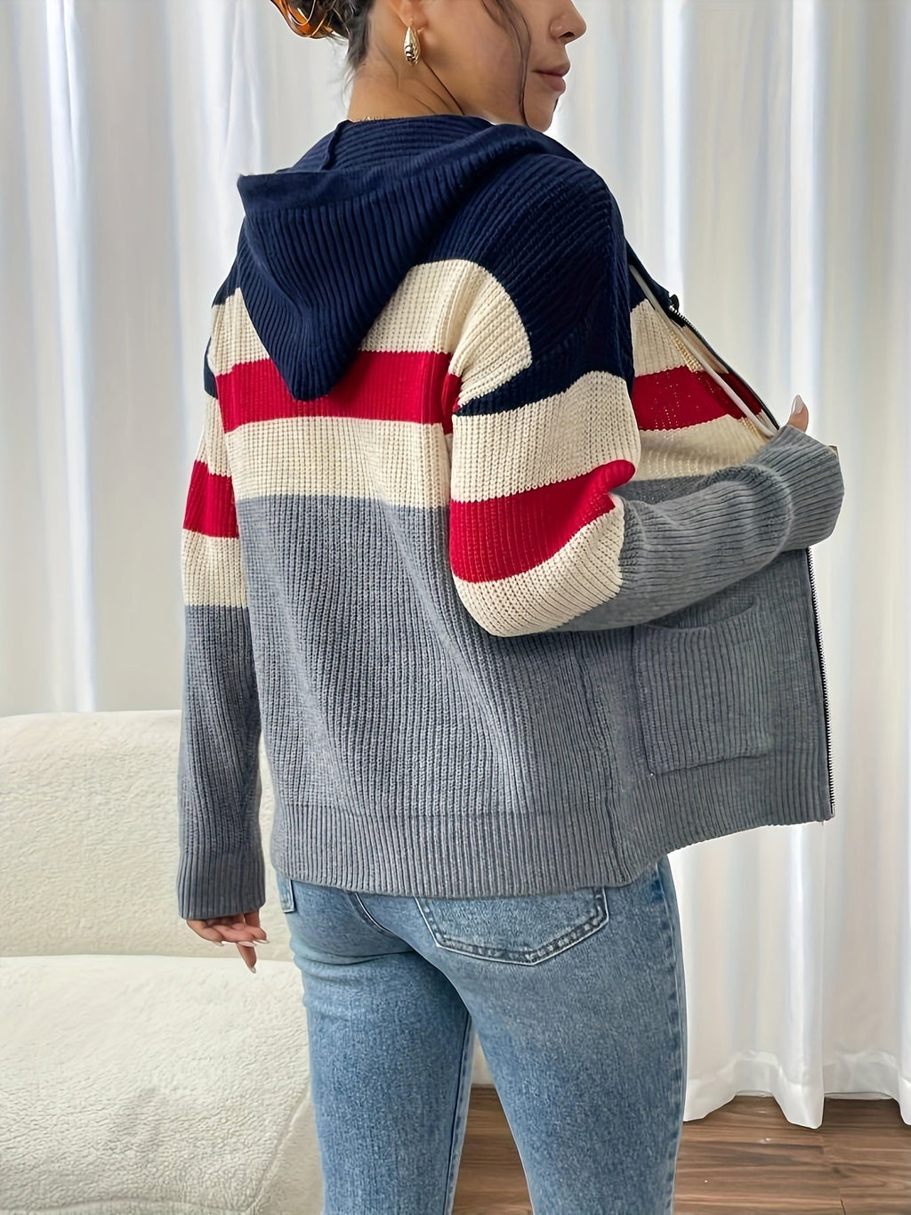 Hooded Zip Cardigan Colour-Block Ribbed Knit Women's Drawstring Sweater – Casual, Office, Holiday, Gift