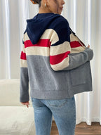 Hooded Zip Cardigan Colour-Block Ribbed Knit Women's Drawstring Sweater – Casual, Office, Holiday, Gift