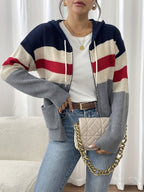 Hooded Zip Cardigan Colour-Block Ribbed Knit Women's Drawstring Sweater – Casual, Office, Holiday, Gift