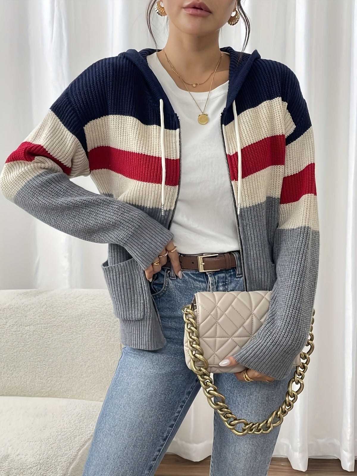 Hooded Zip Cardigan Colour-Block Ribbed Knit Women's Drawstring Sweater – Casual, Office, Holiday, Gift