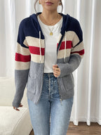 Hooded Zip Cardigan Colour-Block Ribbed Knit Women's Drawstring Sweater – Casual, Office, Holiday, Gift