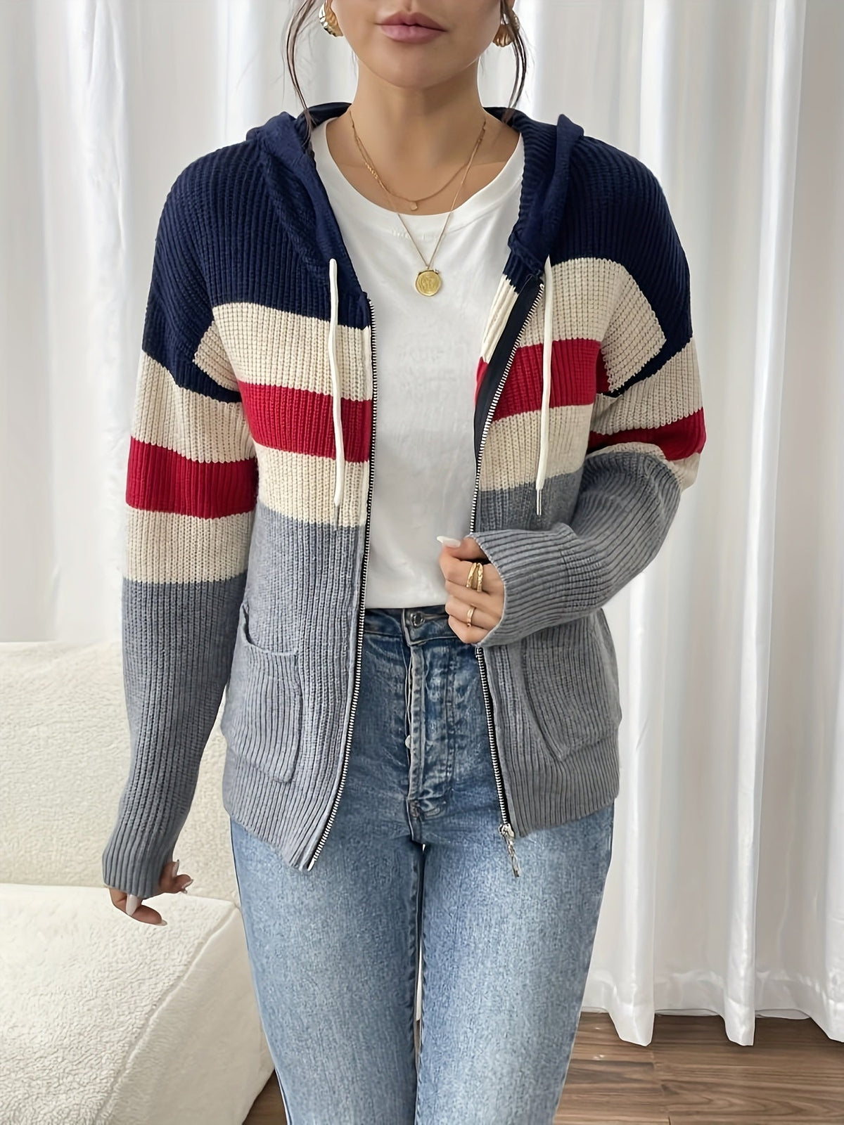 Hooded Zip Cardigan Colour-Block Ribbed Knit Women's Drawstring Sweater – Casual, Office, Holiday, Gift