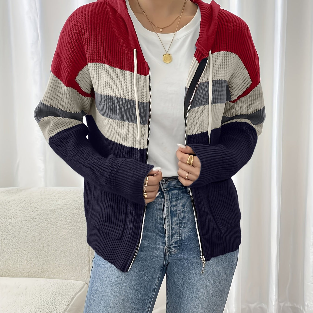 Hooded Zip Cardigan Colour-Block Ribbed Knit Women's Drawstring Sweater – Casual, Office, Holiday, Gift