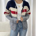 Hooded Zip Cardigan Colour-Block Ribbed Knit Women's Drawstring Sweater – Casual, Office, Holiday, Gift