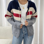 Hooded Zip Cardigan Colour-Block Ribbed Knit Women's Drawstring Sweater – Casual, Office, Holiday, Gift