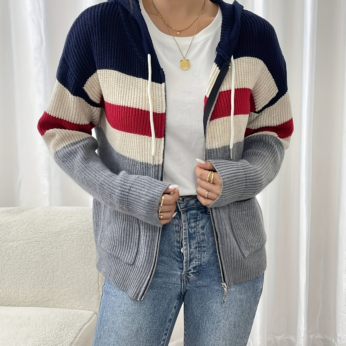 Hooded Zip Cardigan Colour-Block Ribbed Knit Women's Drawstring Sweater – Casual, Office, Holiday, Gift