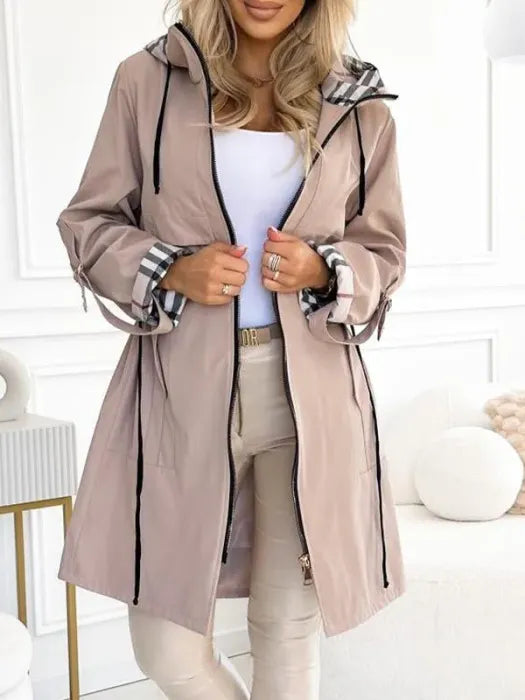 Hooded Zip Coat Women's Plaid Trim Longline – Casual, Autumn, Waterproof, Windproof, Gift