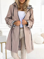 Hooded Zip Coat Women's Plaid Trim Longline – Casual, Autumn, Waterproof, Windproof, Gift