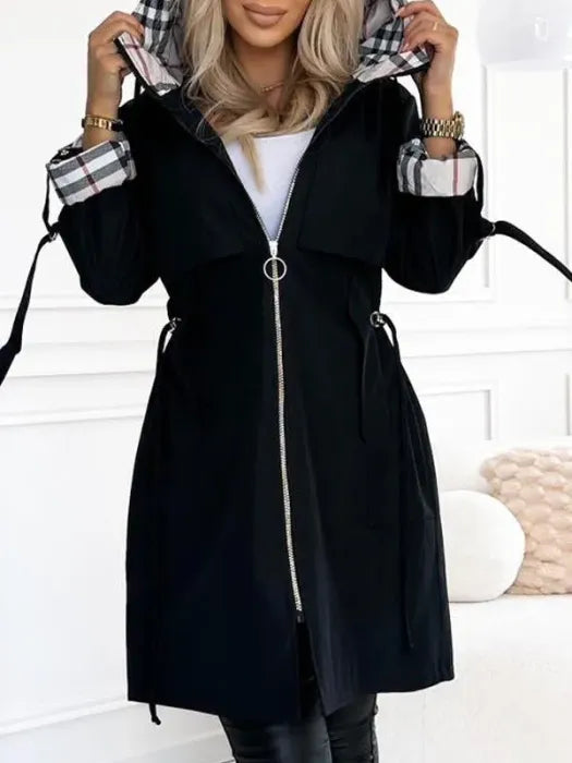 Hooded Zip Coat Women's Plaid Trim Longline – Casual, Autumn, Waterproof, Windproof, Gift