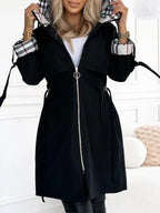 Hooded Zip Coat Women's Plaid Trim Longline – Casual, Autumn, Waterproof, Windproof, Gift