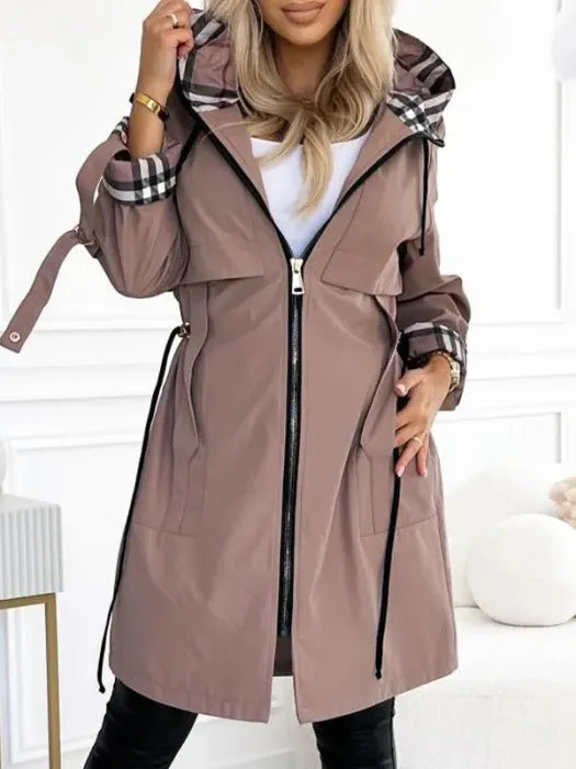Hooded Zip Coat Women's Plaid Trim Longline – Casual, Autumn, Waterproof, Windproof, Gift