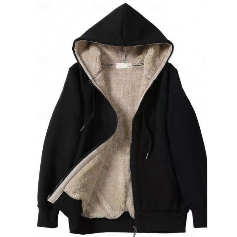 Hooded Zip Jacket Black Sherpa Fleece-Lined Women's – Casual, Winter Warmth, Everyday, Gift