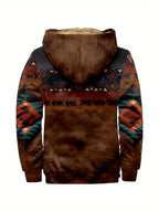 Hooded Zip Jacket Fleece-Lined Aztec Print Brown Men's – Casual, Winter, Outdoor, Gift